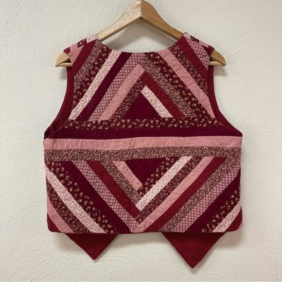Quilted Red Maroon Pink Floral Prints Open Vest Handmade Sz S/M - Picture 5 of 5